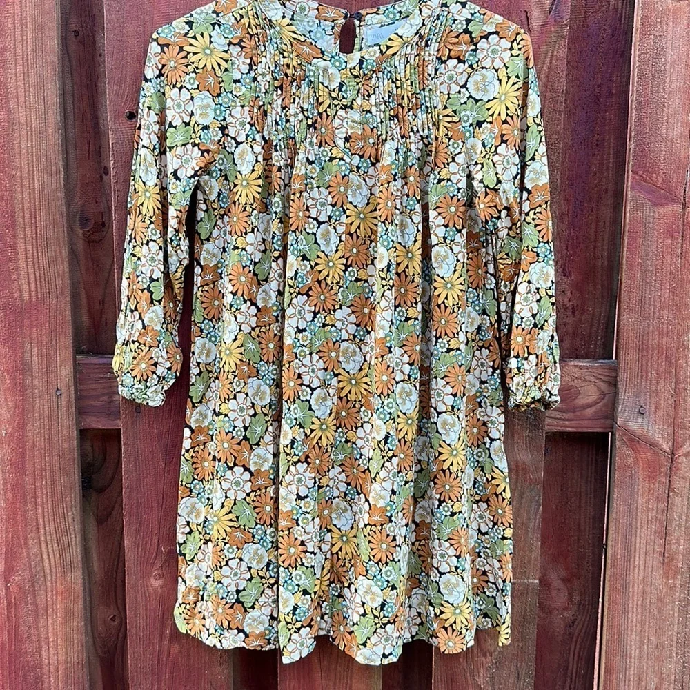 ZARA Girls Retro 70s Floral Print Pleated Shift Dress — Size 10